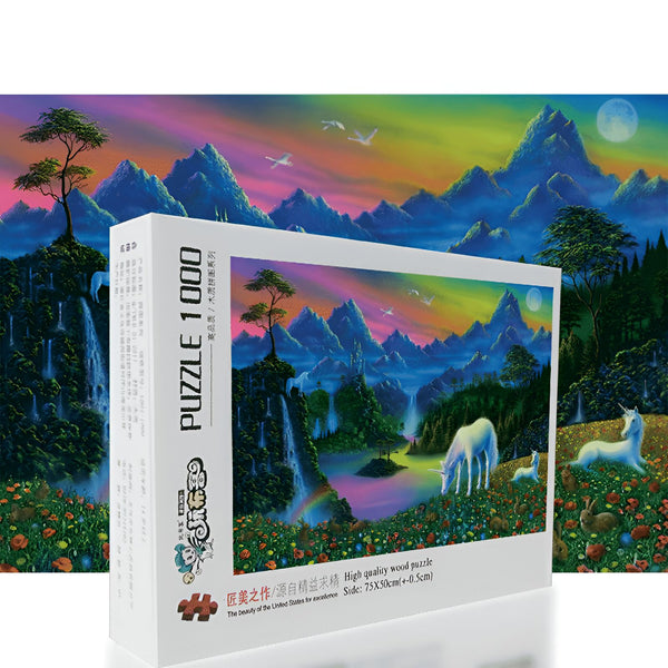 Puzzle 1000 pièces représentant un paysage féérique avec des montagnes, des cascades, des arcs-en-ciel, des licornes dans un champ fleuri et un ciel multicolore au clair de lune., 45501389635839 | Licorne Shop