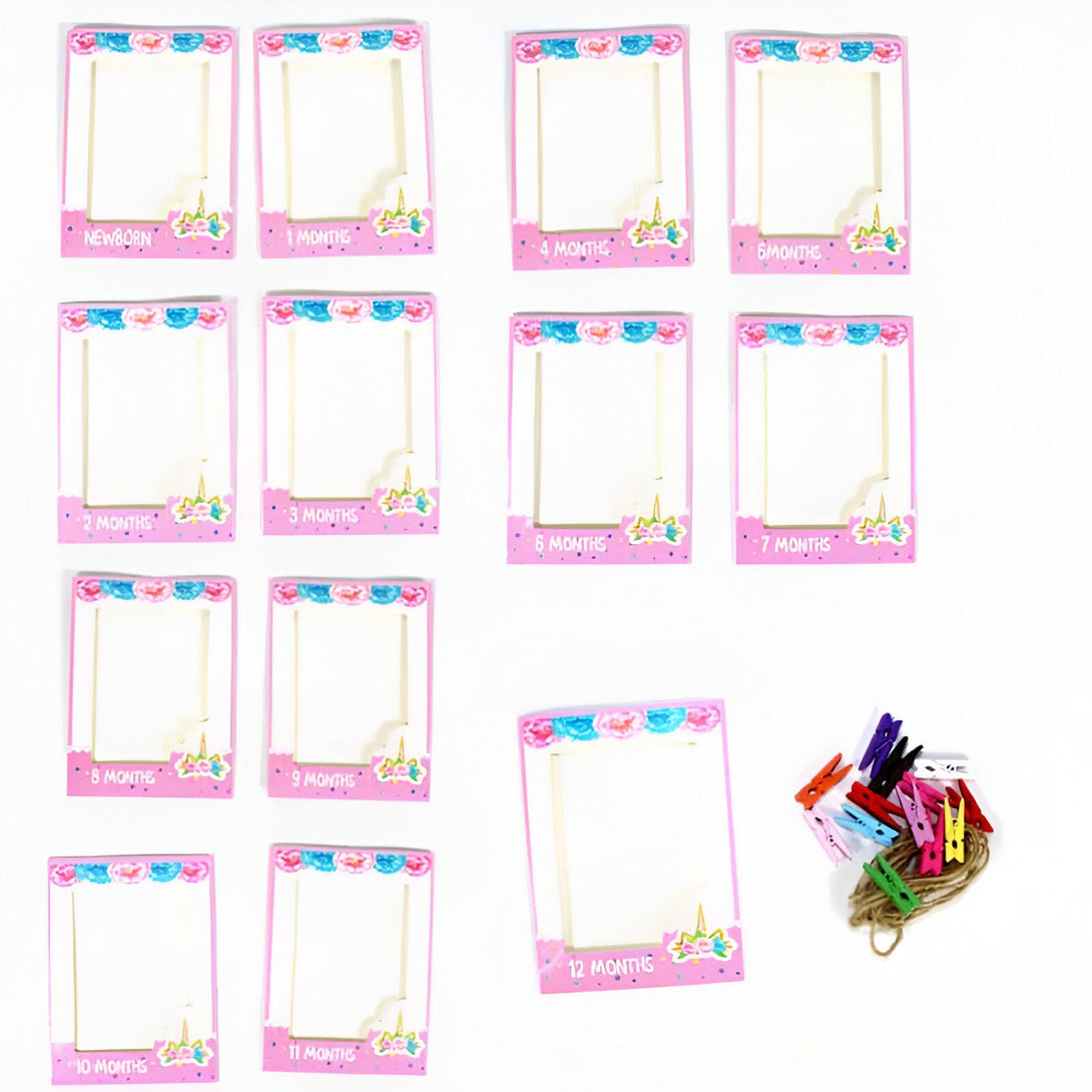 Cadres photo roses pour bébé de 0 à 12 mois avec des pinces à linge colorées et une ficelle, idéals pour immortaliser la première année de bébé., 45501137486079 | Licorne Shop