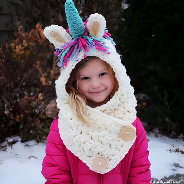 Fillette souriante portant un bonnet/écharpe en crochet blanc en forme de licorne avec une corne bleue, des oreilles blanches et des mèches de fil rose et bleu. Elle porte une veste rose vif., 45502093721855 | Licorne Shop
