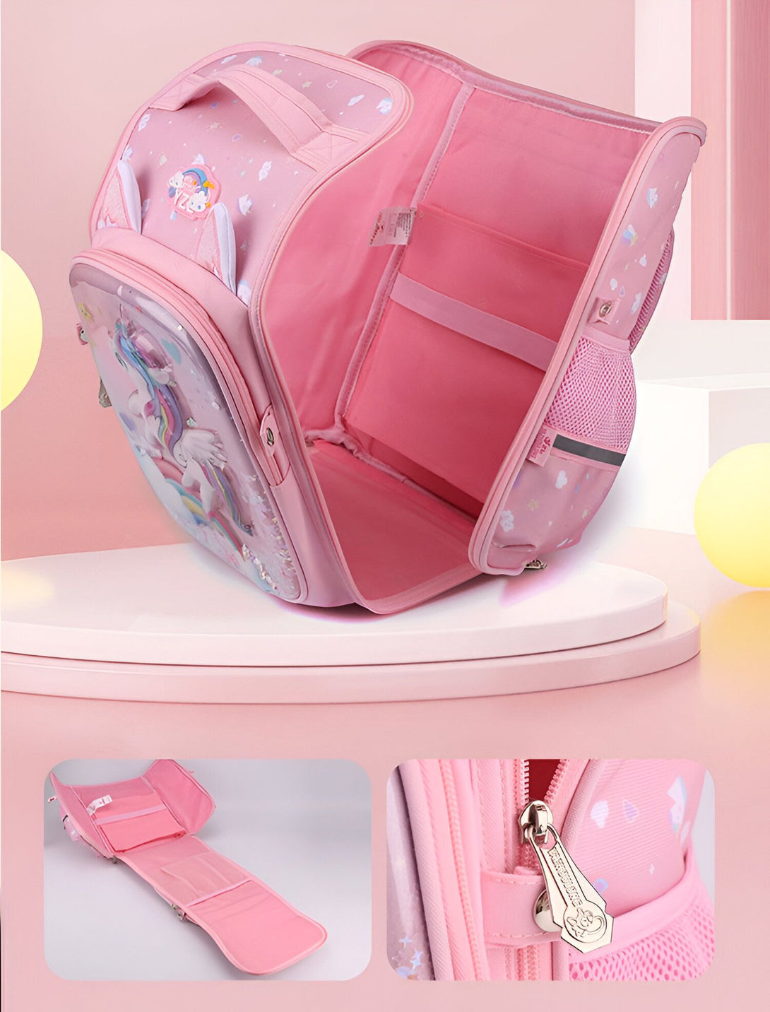 L'image montre un cartable rose à l'effigie d'une licorne. Le cartable est ouvert et on peut voir l'intérieur qui est rose et violet avec des motifs de licornes. Il y a plusieurs compartiments et poches pour ranger les affaires. Le cartable est également doté d'une poignée et de bretelles pour le porter facilement.