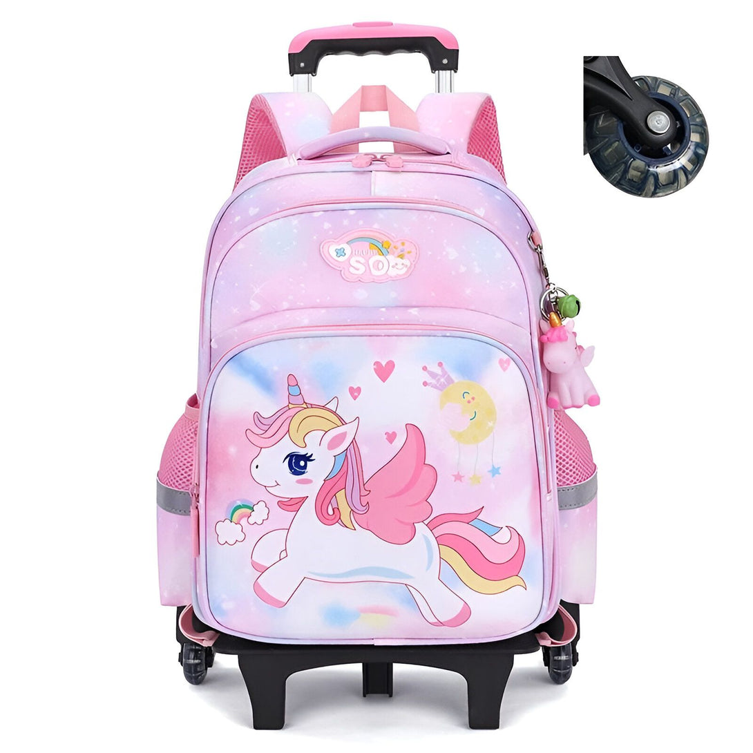 Un cartable à roulettes rose avec une licorne ailée.