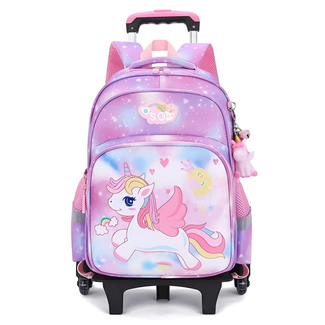 Une image d'un cartable à roulettes pour enfant. Le cartable est rose et violet avec une image de licorne.