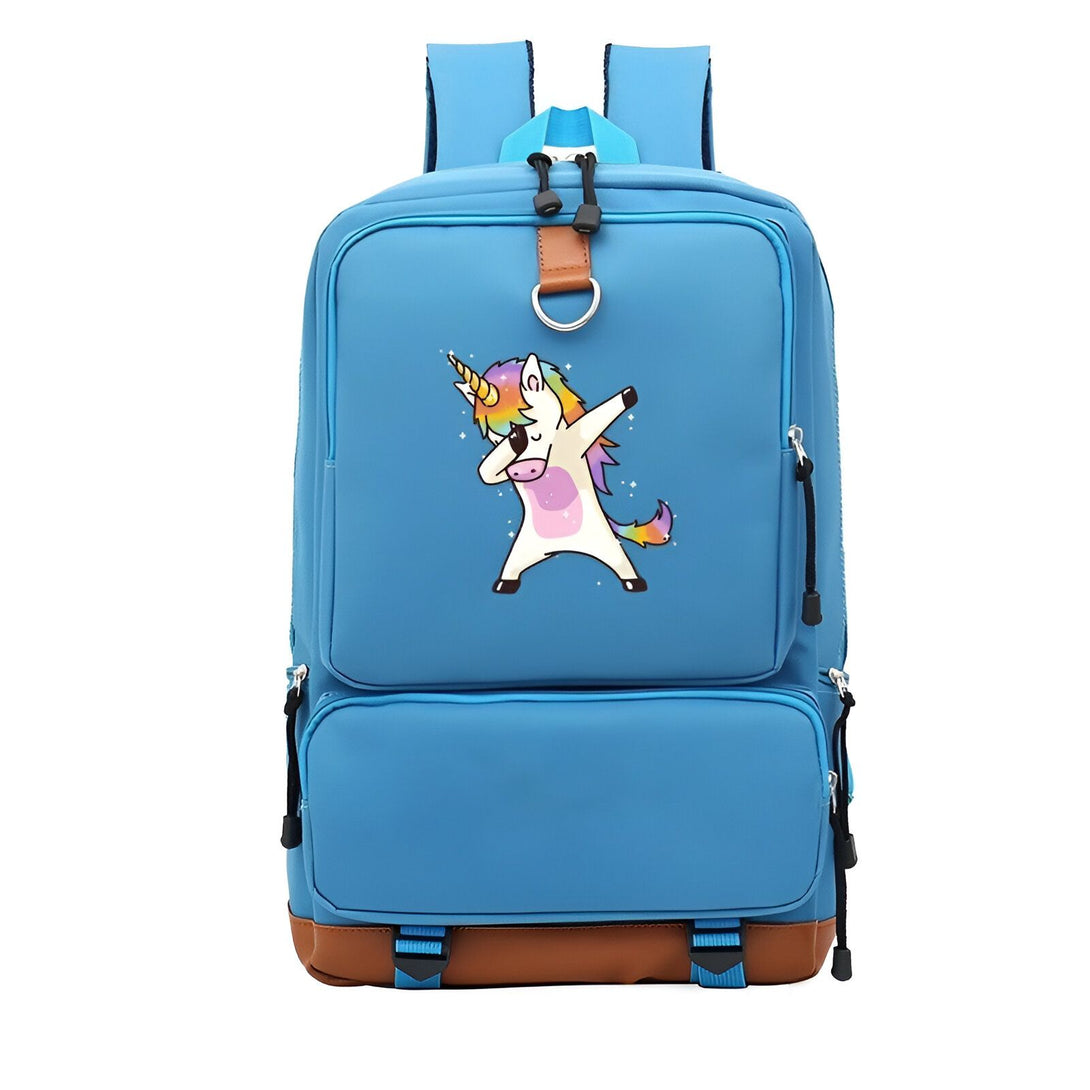 Une image d'un sac à dos bleu avec une image d'une licorne qui fait le dab.