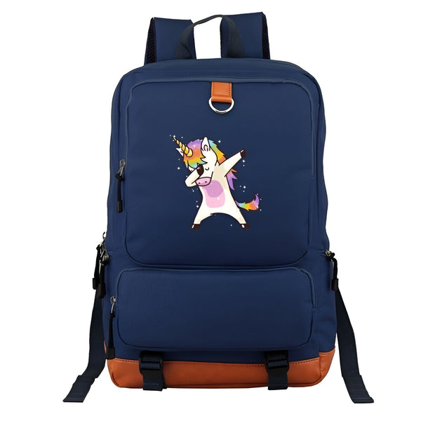 Une image d'un sac à dos bleu avec une image d'une licorne qui fait le dab.