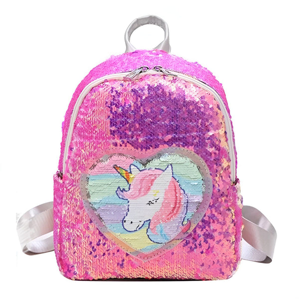 Un sac à dos rose à paillettes avec une image de licorne