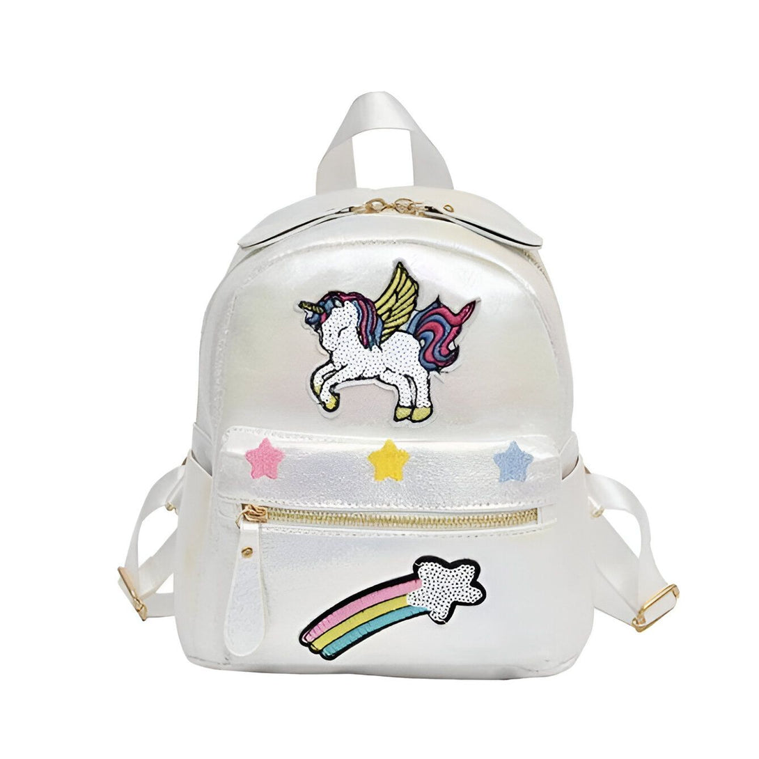 Un sac à dos blanc avec une image de licorne ailée et une étoile filante arc-en-ciel.