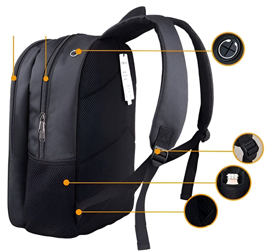 L'image montre un sac à dos noir avec plusieurs poches et compartiments. Il est doté de bretelles réglables et d'une poignée de transport. Le sac à dos est fabriqué en polyester 600D, ce qui le rend résistant et durable. Il est idéal pour les étudiants, les professionnels et les voyageurs.