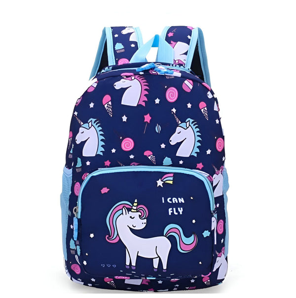 Le cartable bleu à motif licorne est parfait pour les enfants. Il est doté d'une grande poche principale, de deux poches latérales en filet et d'une petite poche avant zippée. Le cartable est également doté de bretelles réglables et d'une poignée de transport.