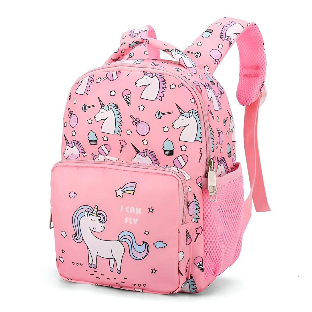 Un sac à dos rose avec une image de licorne et l'inscription "I can fly".