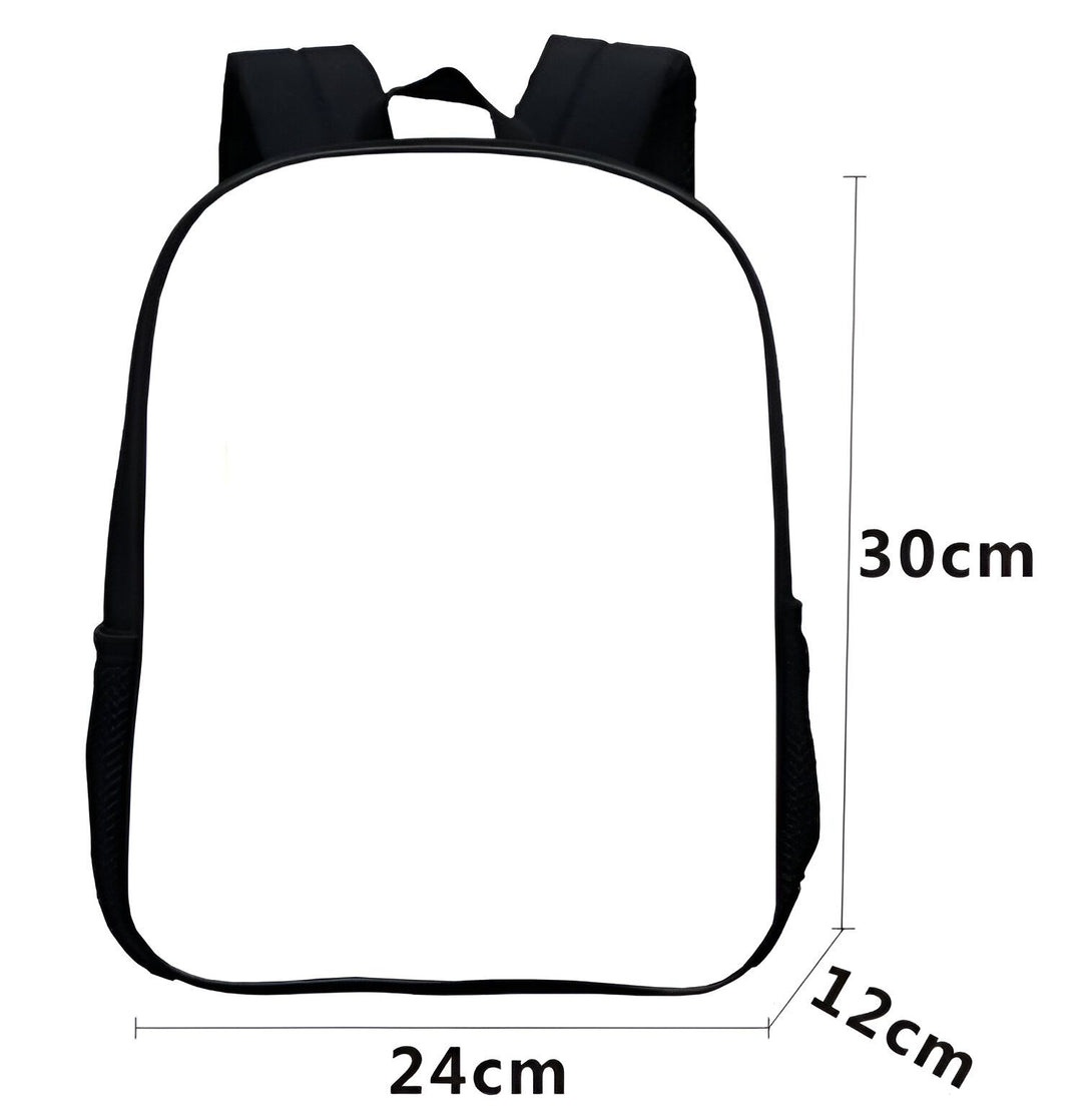 Un sac à dos noir avec des bretelles noires et une poignée noire. Le sac à dos est de forme rectangulaire et mesure 30 cm de haut, 24 cm de large et 12 cm d'épaisseur.