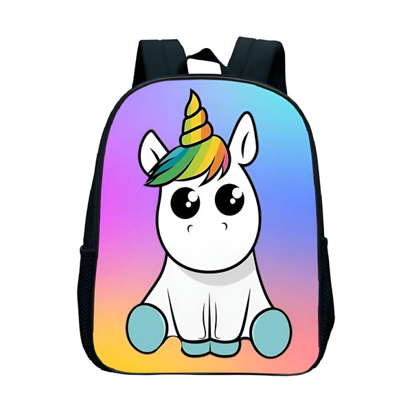 Une image d'un sac à dos d'écolier avec une licorne blanche et arc-en-ciel.