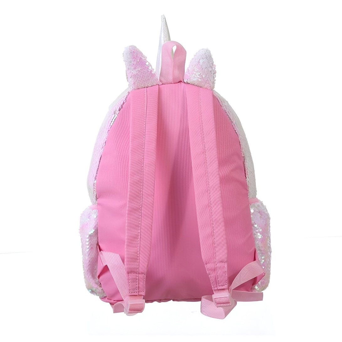 Une image d'un sac à dos rose et blanc en forme de licorne avec des paillettes et une corne.