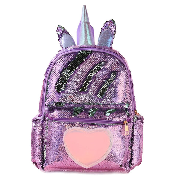 Un sac à dos rose et violet à paillettes avec une corne de licorne et des oreilles de lapin.