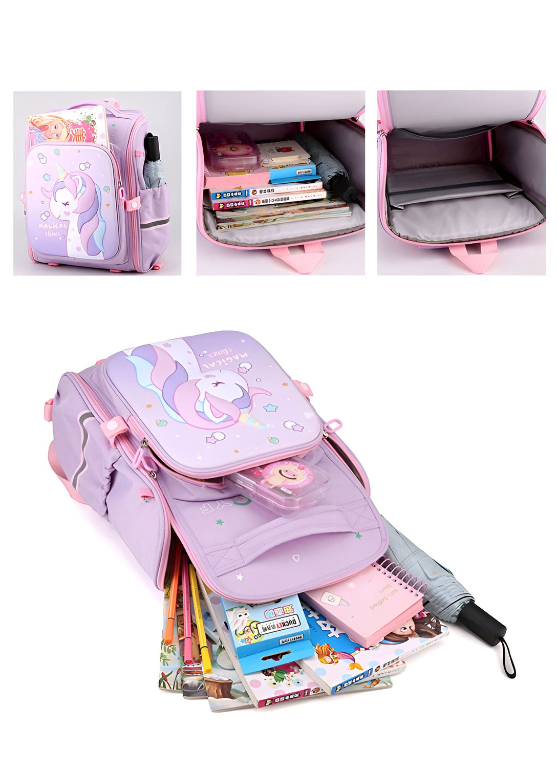 L'image montre un cartable violet avec une licorne dessus. Le cartable est ouvert et on peut voir qu'il y a des fournitures scolaires à l'intérieur, comme des livres, des cahiers, des stylos et des crayons. Il y a aussi une trousse avec des stylos et des crayons de couleur. Le cartable est également équipé d'une poche pour ordinateur portable et d'une poche pour bouteille d'eau.