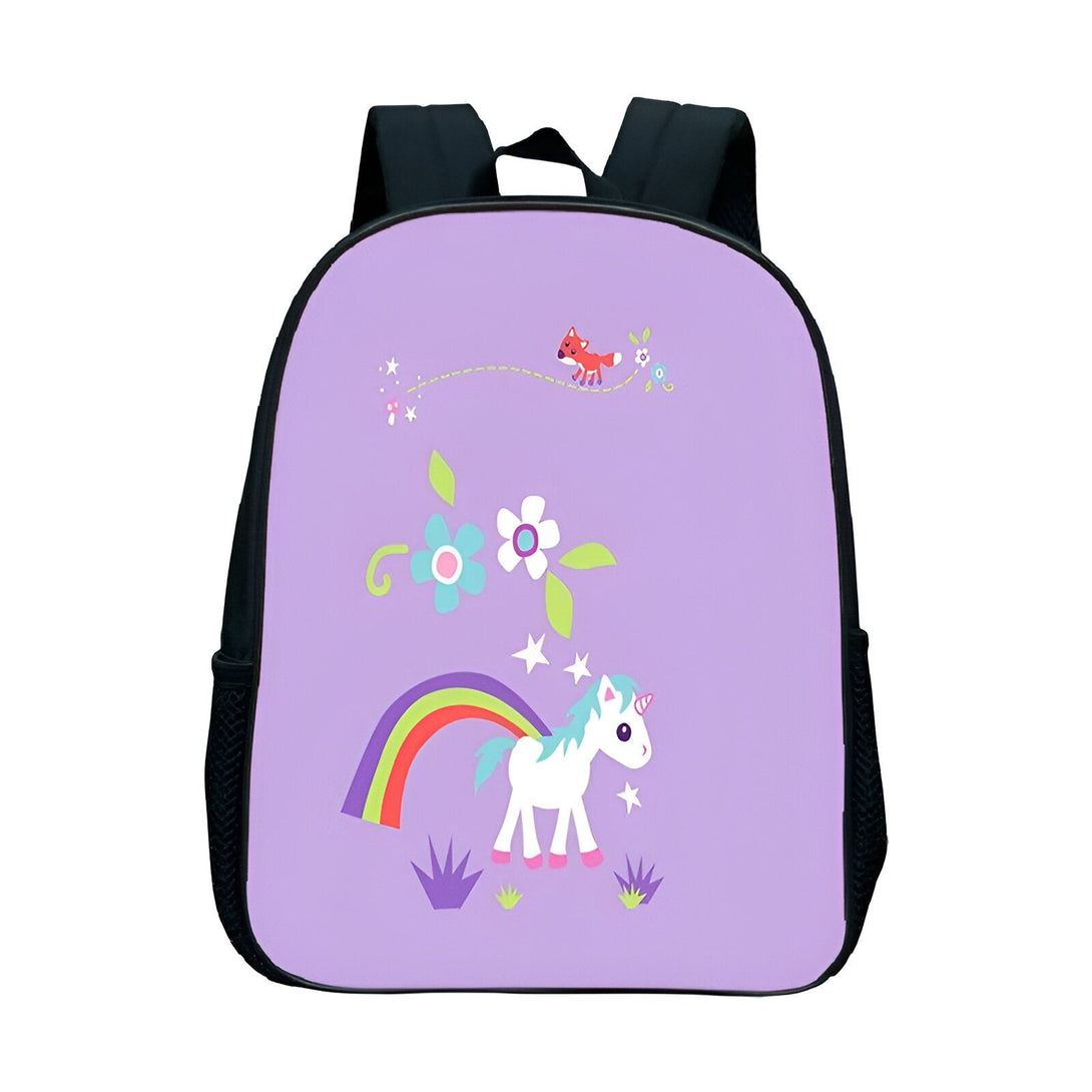 Une image d'un sac à dos violet avec une licorne, un renard et un arc-en-ciel.