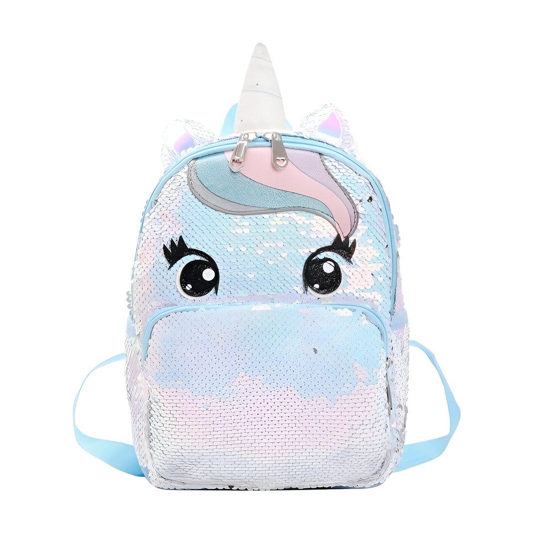 Un sac à dos licorne bleu et blanc à paillettes avec une corne et des oreilles de licorne.