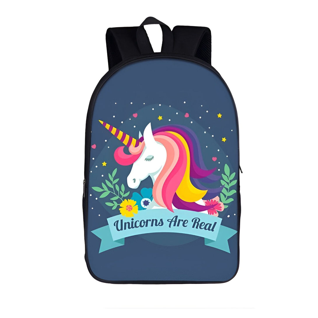 licorne magique avec des étoiles et des fleurs sur un sac à dos bleu