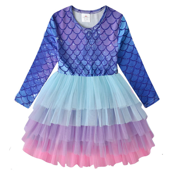 Robe de sirène pour enfant avec motif écailles bleues et violettes sur le haut du corps, manches longues, et jupe en tulle à volants bleu, violet et rose. Idéale pour un déguisement ou une fête., 45501347725567,45501347758335,45501347791103,45501347823871,45501347856639,45501347889407,45501347922175,45501347954943 | Licorne Shop