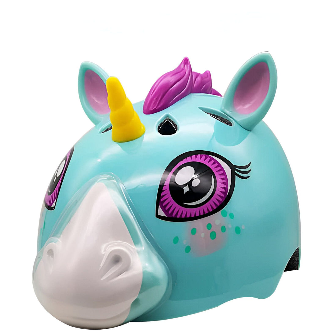 Casque de vélo pour enfant, thème licorne bleu clair. Design amusant avec corne jaune, crinière rose et grands yeux expressifs. Protection et style pour les jeunes cyclistes., 45501157605631 | Licorne Shop