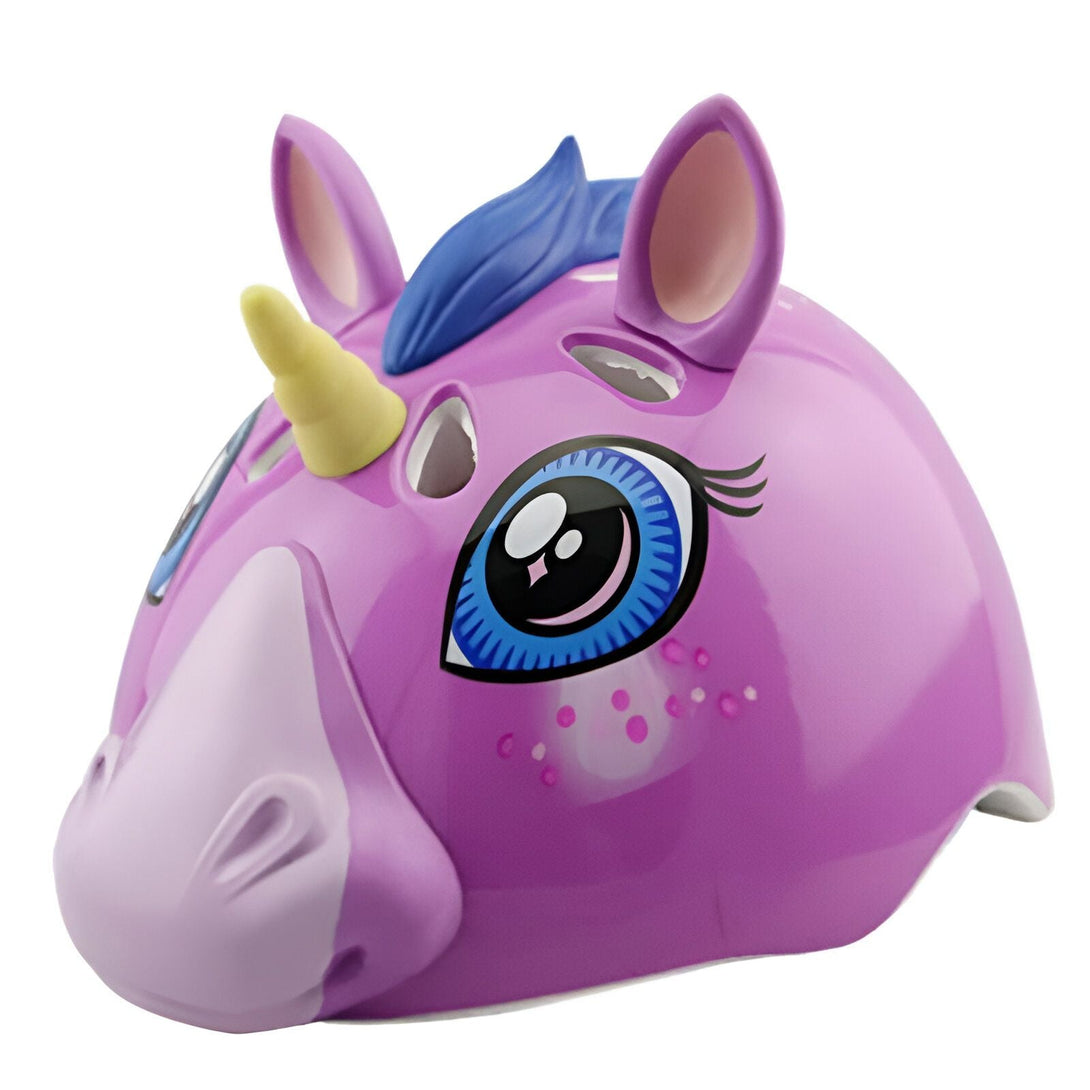 Casque de vélo pour enfant, violet et décoré comme une tête de licorne avec des yeux bleus, une corne jaune et une crinière bleue., 45501157409023 | Licorne Shop