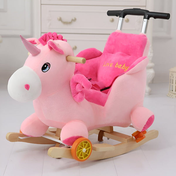 Cheval à bascule rose en forme de licorne avec siège pour bébé et poignée. Jouet pour enfant, décoration de chambre d'enfant., 45501078798591 | Licorne Shop