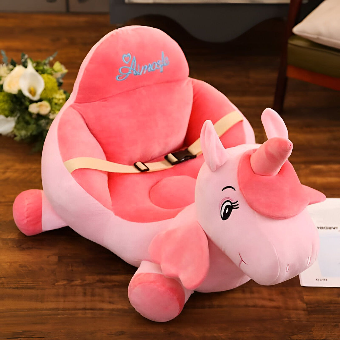 Siège pour bébé en forme de licorne rose, avec harnais de sécurité. Doux et confortable, parfait pour les tout-petits. Inscription "Amoske" brodée. Idéal pour apprendre à s'asseoir., 45501078372607 | Licorne Shop