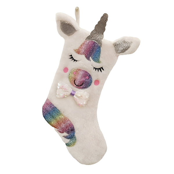 Chaussette de Noël en forme de licorne blanche avec des détails pailletés arc-en-ciel, un nœud à paillettes et une corne argentée. Décoration festive., 45502257692927 | Licorne Shop