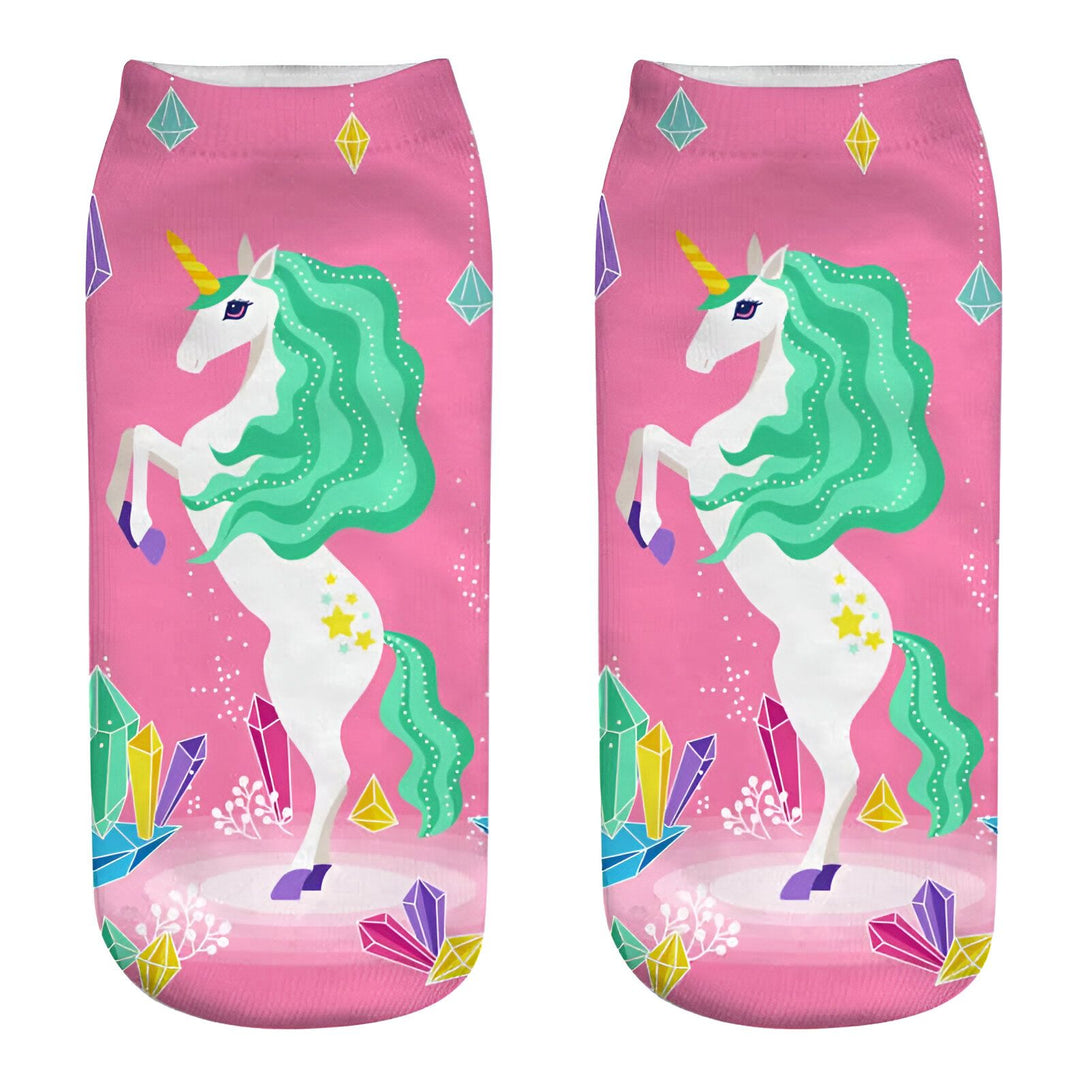 Chaussettes roses à motif de licorne blanche avec crinière turquoise, décorées de cristaux multicolores. Idée cadeau féerique et amusante., 45502261231871 | Licorne Shop
