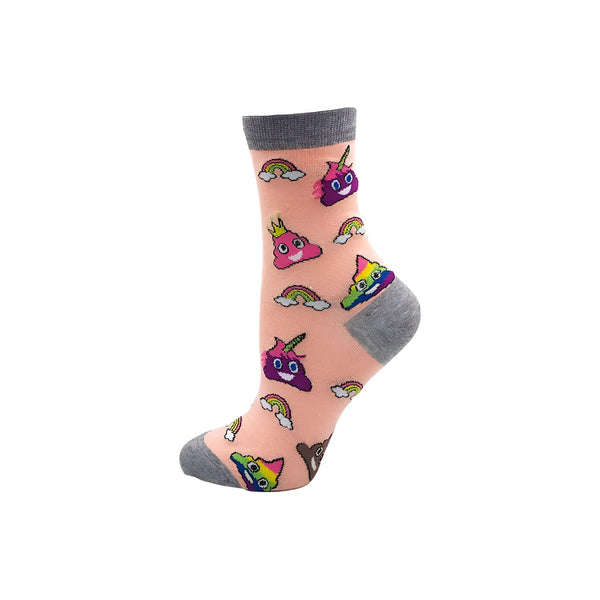 Chaussette rose avec motifs emoji caca, arc-en-ciel, caca licorne et caca couronné. Bordure grise à la cheville et à la pointe., 45502253629695 | Licorne Shop