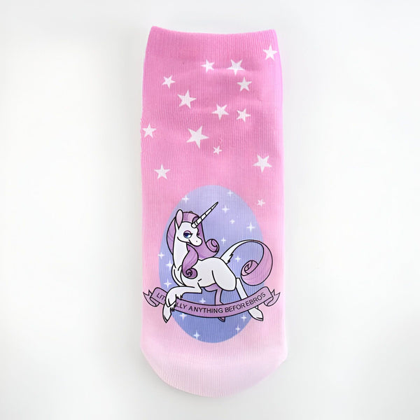 Chaussette rose avec étoiles et dessin d'une licorne entourée de la phrase "Literally Anything Before Bros". Accessoire de mode fantaisie, style kawaii., 45502202249471 | Licorne Shop