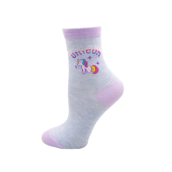 Chaussette grise avec motif de licorne et bordure lilas, idéal pour les enfants. Accessoire de mode confortable et mignon pour ajouter une touche de fantaisie à leur tenue., 45502249926911 | Licorne Shop