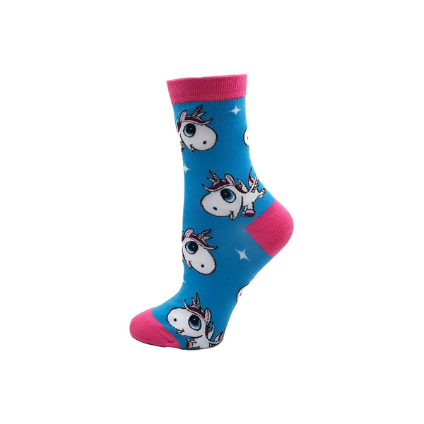 Chaussette bleue avec motifs de licornes blanches et étoiles blanches, bordure rose vif au niveau de la cheville, du talon et des orteils., 45502208639231 | Licorne Shop