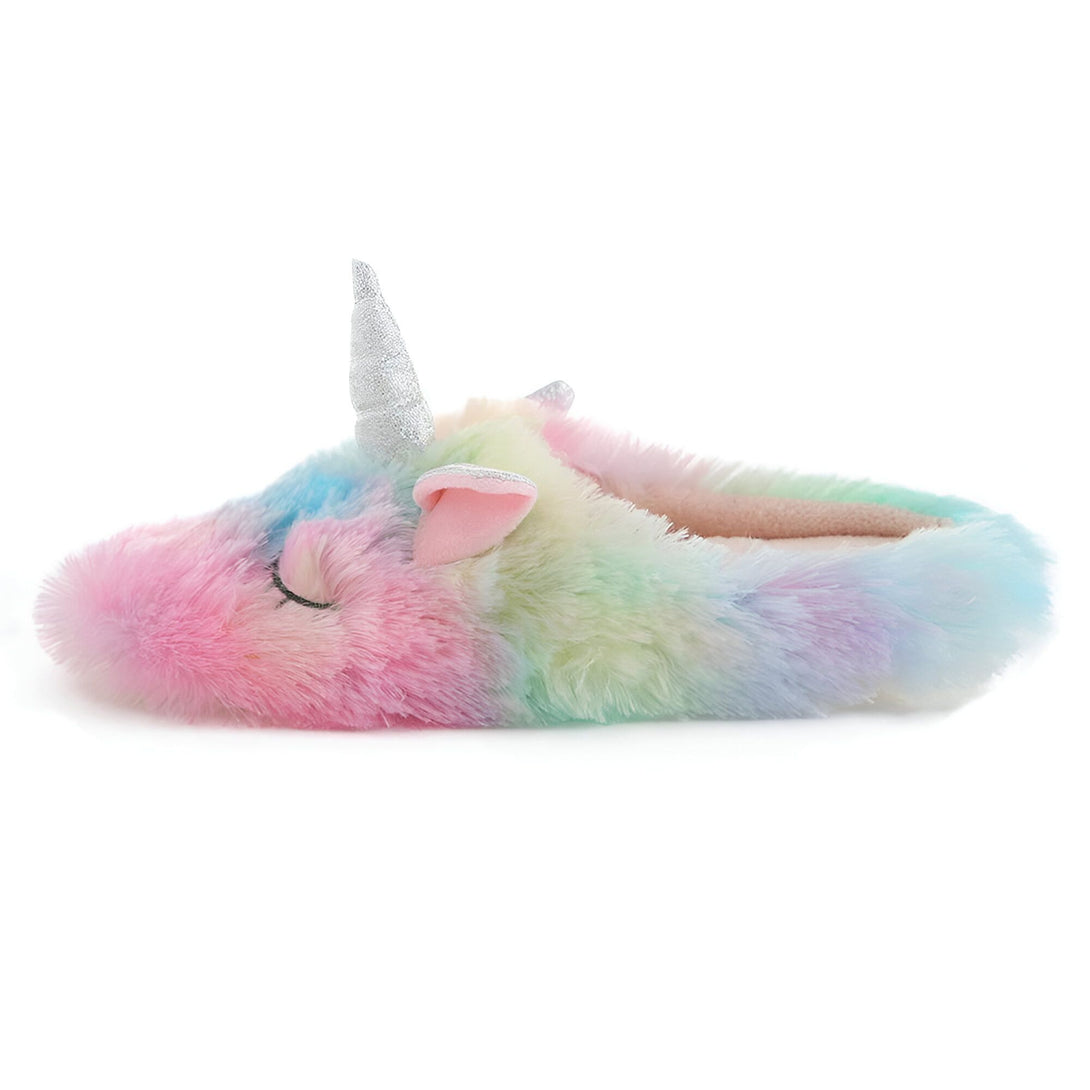 Une peluche licorne arc-en-ciel avec une corne argentée et des ailes roses.