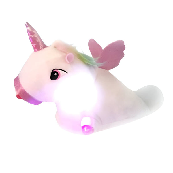 Peluche lumineuse en forme de licorne blanche avec une corne rose scintillante et des ailes roses. Jouet féerique pour enfants, décoration douce et chaleureuse., 45502196220159,45502196252927,45502196285695,45502196318463,45502196351231,45502196383999,45502196416767,45502196449535,45502196482303 | Licorne Shop