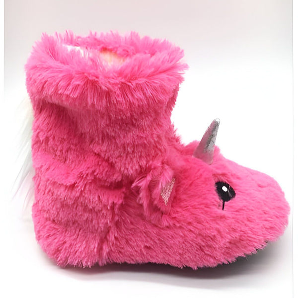 Chausson botte rose en forme de licorne en fourrure avec une corne argentée, une crinière blanche et un œil noir. Accessoire de mode d'hiver pour enfants., 45501216653567,45501216686335,45501216719103,45501216751871,45501216784639,45501216817407,45501216850175,45501216882943,45501216915711 | Licorne Shop