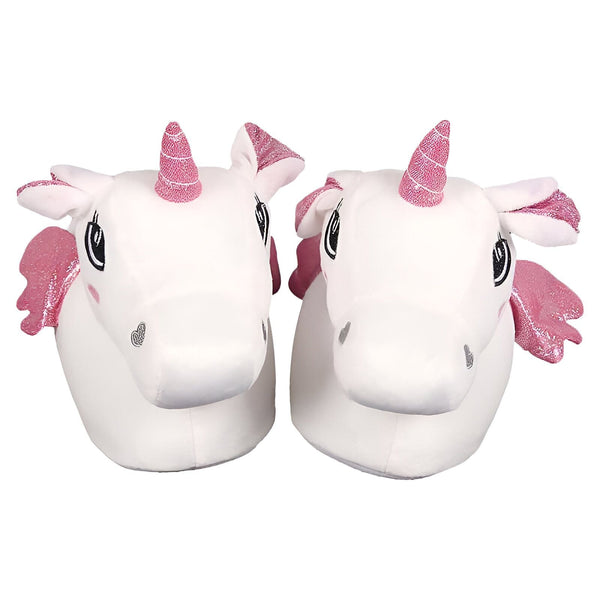 Image de deux pantoufles en forme de têtes de licornes blanches avec des détails roses scintillants comme les cornes et les ailes. Les pantoufles ont des yeux brodés et de petites oreilles., 45502285316351,45502285349119,45502285381887,45502285414655,45502285447423,45502285480191,45502285512959,45502285545727,45502285578495 | Licorne Shop