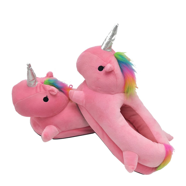 Paire de pantoufles licorne roses en peluche, avec une crinière arc-en-ciel et une corne argentée. Chaussons confortables et originaux., 45502195302655,45502195335423,45502195368191,45502195400959,45502195433727,45502195466495,45502195499263,45502195532031,45502195564799 | Licorne Shop