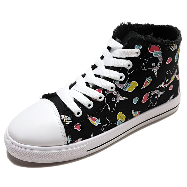 Basket montante noire pour enfant, motif licorne et étoiles colorées, lacets blancs et bout renforcé blanc. Semelle blanche épaisse., 45502277189887,45502277222655,45502277255423,45502277288191,45502277320959,45502277353727,45502277386495,45502277419263,45502277452031 | Licorne Shop