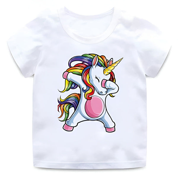 T-shirt blanc avec un dessin de licorne faisant un dab. La licorne a une crinière arc-en-ciel et une corne dorée. Vêtement pour enfants. Graphisme amusant et tendance., 45502310121727,45502310154495,45502310187263,45502310220031,45502310252799,45502310285567,45502310318335,45502310351103 | Licorne Shop