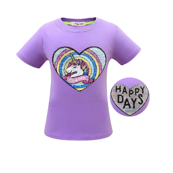 T-shirt enfant violet avec motif licorne à paillettes en forme de cœur. Un autre cœur à paillettes avec l'inscription "Happy Days" est visible., 45502298292479,45502298325247,45502298358015,45502298390783,45502298423551,45502298456319,45502298489087,45502298521855 | Licorne Shop