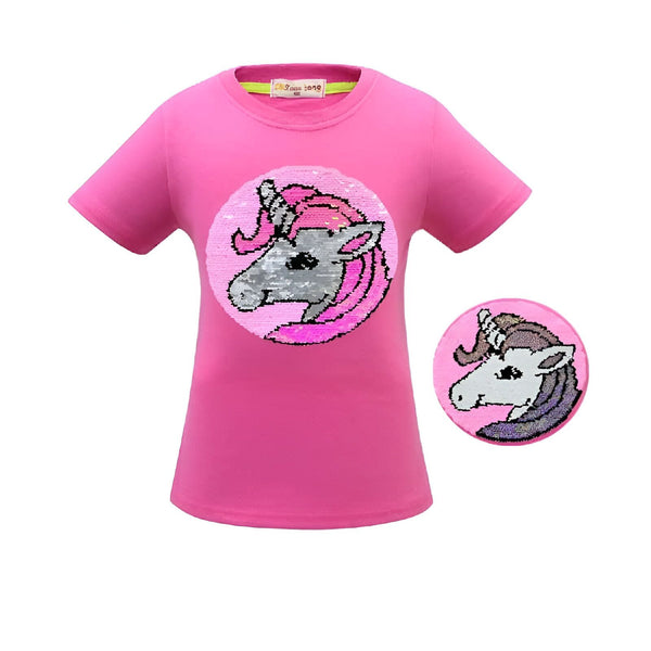 T-shirt rose pour enfant avec motif de licorne à paillettes réversibles. Illustration supplémentaire du motif changeant. Mode enfantine, vêtement fille, style fantaisie., 45502307401983,45502307434751,45502307467519,45502307500287,45502307533055,45502307565823,45502307598591,45502307631359 | Licorne Shop