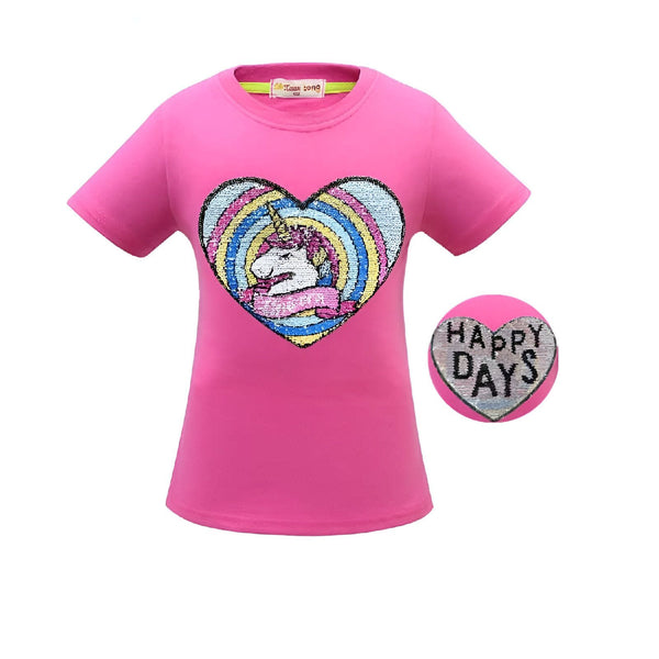 T-shirt rose pour fille avec motif de cœur à paillettes et licorne. Patch "Happy Days" en forme de cœur à paillettes., 45502129012991,45502129045759,45502129078527,45502129111295,45502129144063,45502129176831,45502129209599,45502129242367 | Licorne Shop
