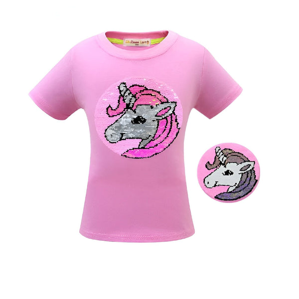 T-shirt rose pour enfant avec motif de licorne à paillettes. Vêtement pour fille avec illustration d'animal fantastique. Idée cadeau originale pour enfant passionné de licornes., 45502321492223,45502321524991,45502321557759,45502321590527,45502321623295,45502321656063,45502321688831,45502321721599 | Licorne Shop