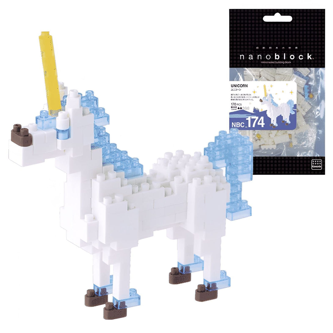 Un jouet de construction nanoblock, un modèle d'une licorne blanche avec une corne jaune et des accents bleus, avec l'emballage du produit., 45501257515263 | Licorne Shop
