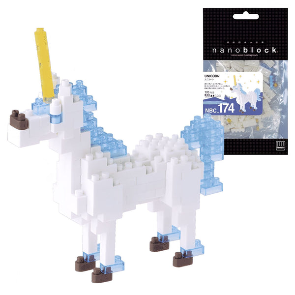 Un jouet de construction nanoblock, un modèle d'une licorne blanche avec une corne jaune et des accents bleus, avec l'emballage du produit., 45501257515263 | Licorne Shop