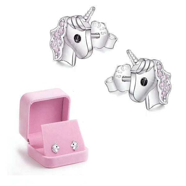 Boucles d'oreilles licorne en argent avec cristaux roses, présentées dans une boîte à bijoux rose. Bijoux fantaisie pour enfants et adultes, idée cadeau originale., 45502398431487 | Licorne Shop