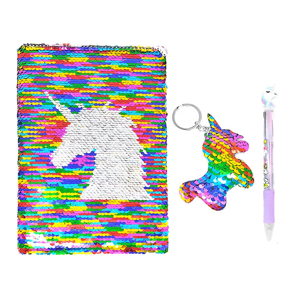 Image d'un carnet à sequins multicolores avec un motif de licorne, un porte-clés licorne à sequins, et un stylo licorne. Ensemble de papeterie fantaisie pour enfants., 45501153378559 | Licorne Shop
