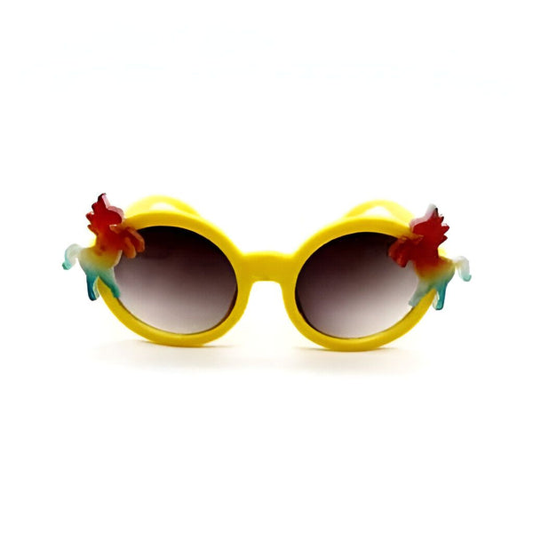 Lunettes de soleil jaunes pour enfants avec des décorations de licornes colorées sur les côtés. Accessoire mode fun pour protéger les yeux du soleil avec style., 45502256054527 | Licorne Shop