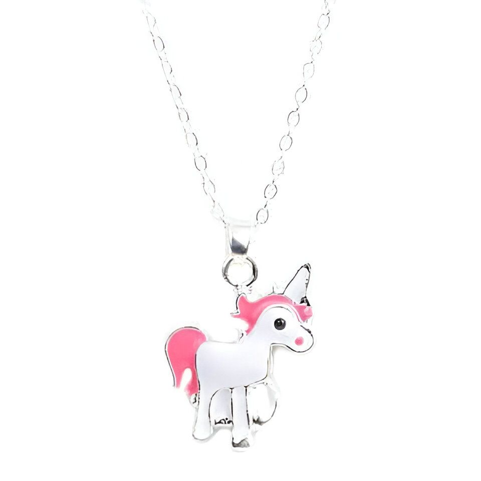 Collier pour enfant avec pendentif licorne blanche et rose en argent. Accessoire fantaisie pour filles. Cadeau original et mignon pour les jeunes enfants., 45501969531135 | Licorne Shop