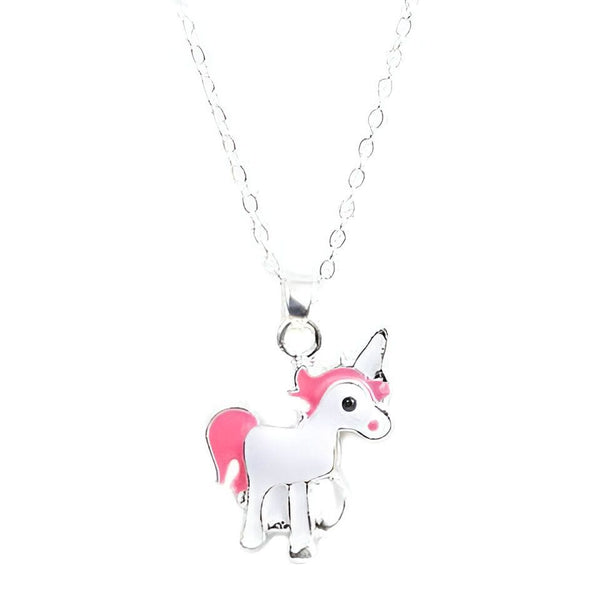 Collier pour enfant avec pendentif licorne blanche et rose en argent. Accessoire fantaisie pour filles. Cadeau original et mignon pour les jeunes enfants., 45501969531135 | Licorne Shop